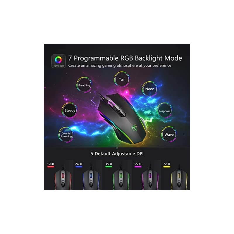 Gaming Mouse Wired RGB Chroma Backlit Gaming Mouse 8 Programmable Buttons 7200 DPI Adjustable Comfortable Grip Ergonomic Optical PC Computer Gaming Mice with Fire Button Sega Genesis Acces