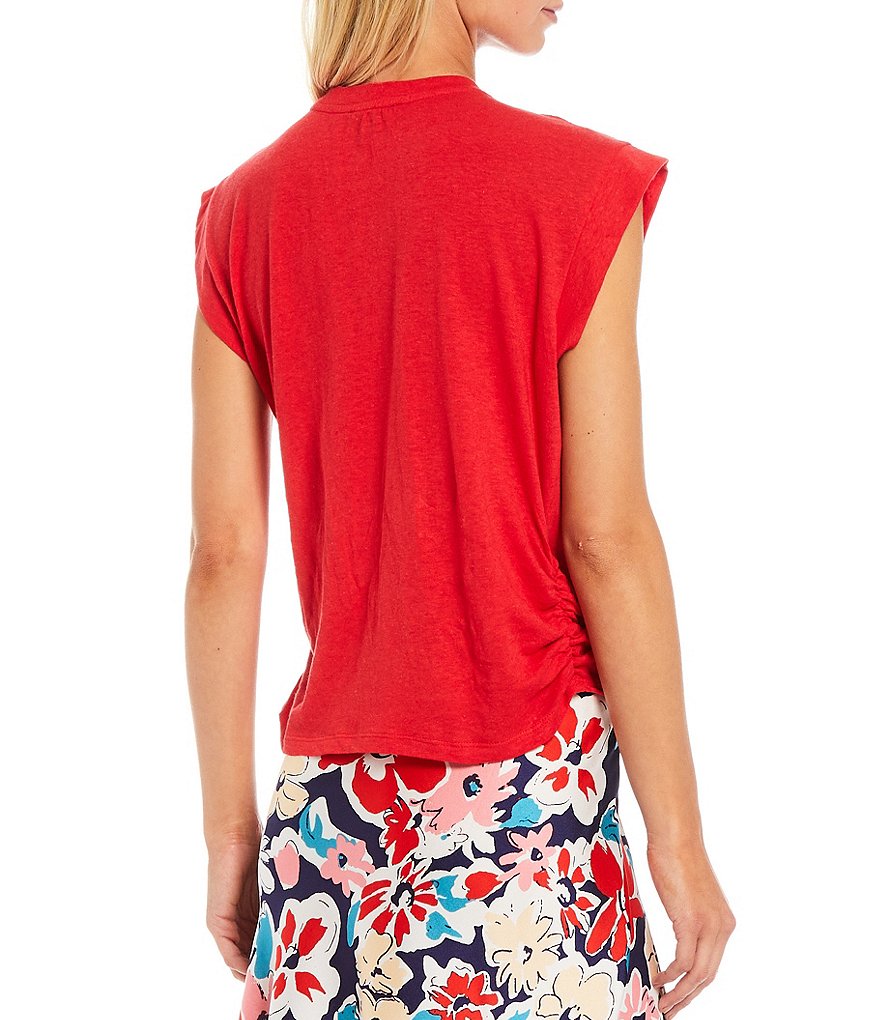 Skies Are Blue Knotted Front Cuffed Cap Sleeve Jewel Neck Top