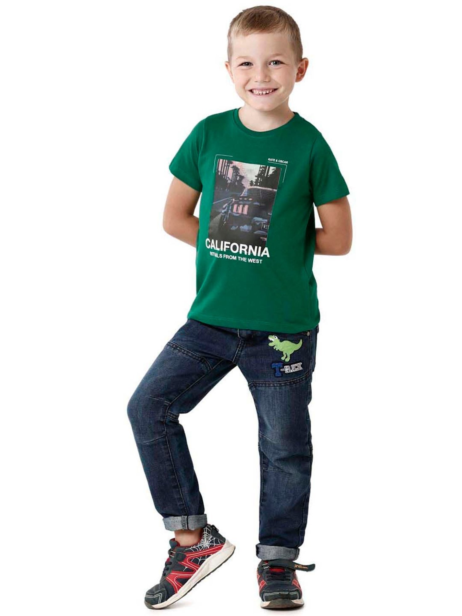 Kate & Oscar Boys Green Cotton Printed T-Shirt
