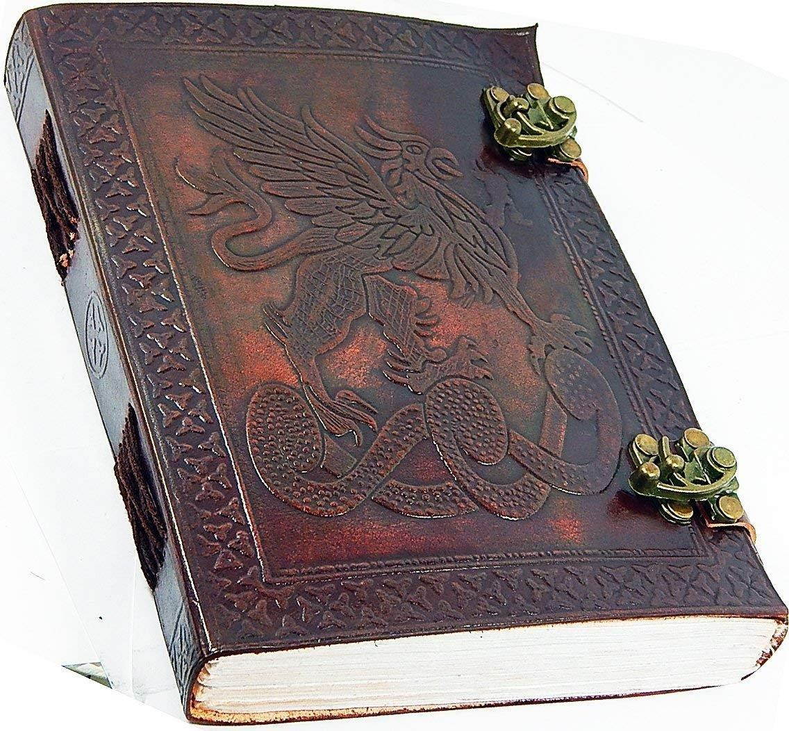 Handmade Large 8" Embossed Leather Journal Celtic two latches blue stone blank personal Diary notebook refillable journal gift (design 3)