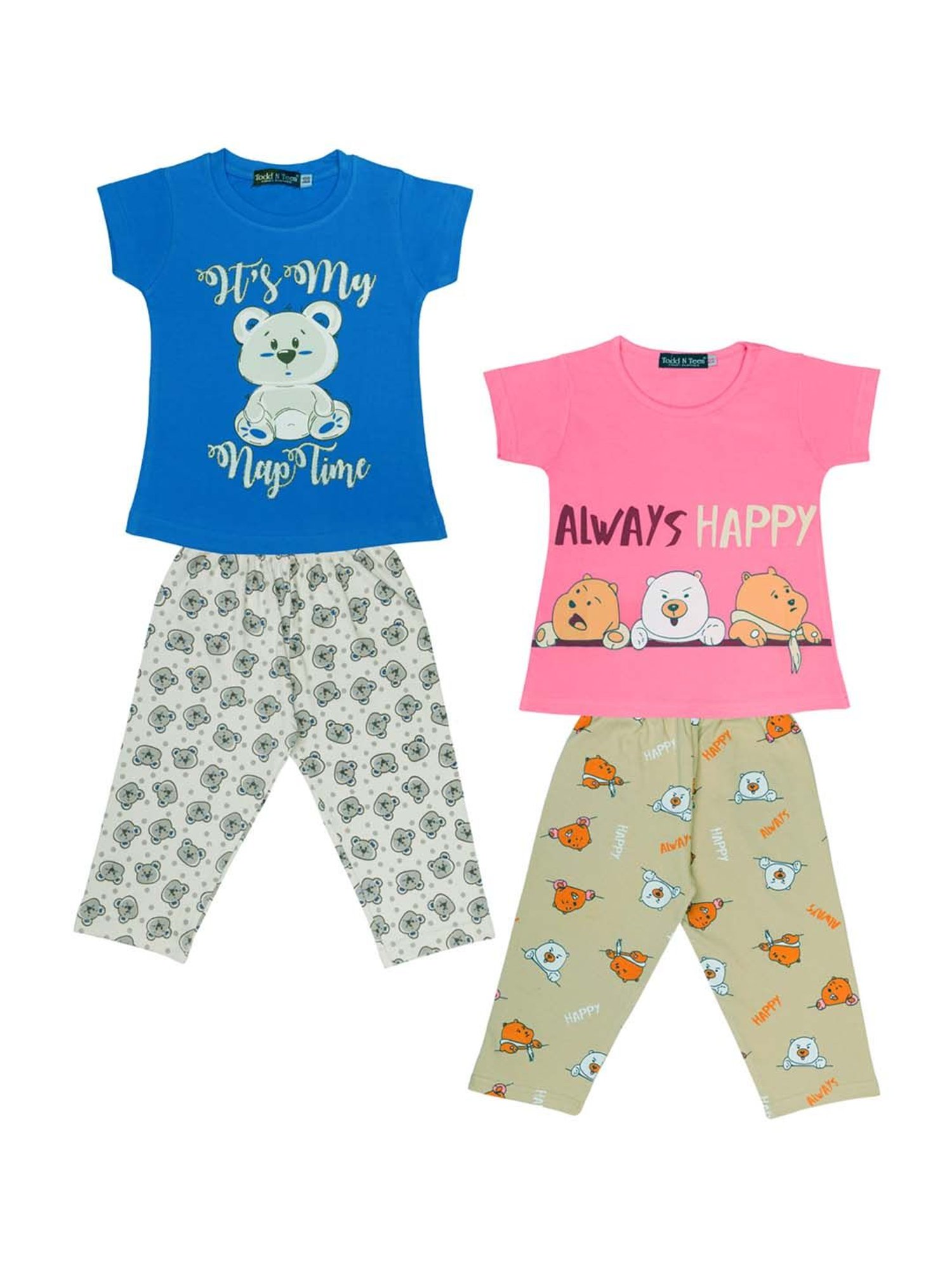 Todd N Teen Kids Blue & Pink Cotton Printed T-Shirt & Capris - Pack of 2