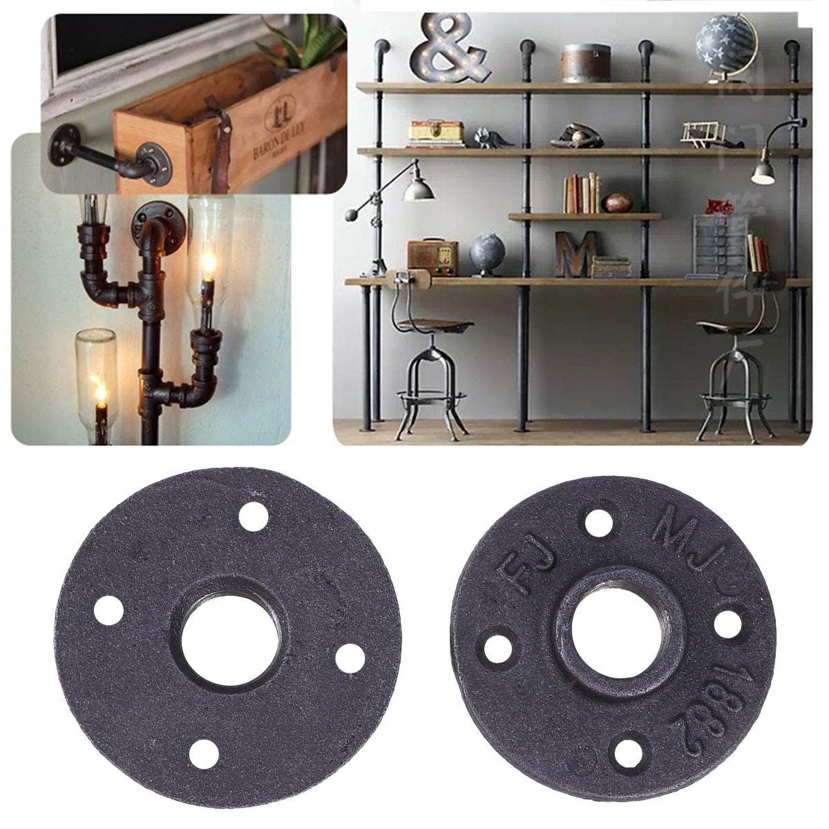2 Pcs Vintage Malleable Threaded Floor Flange Iron Pipe Fittings Wall Mounted Flange
