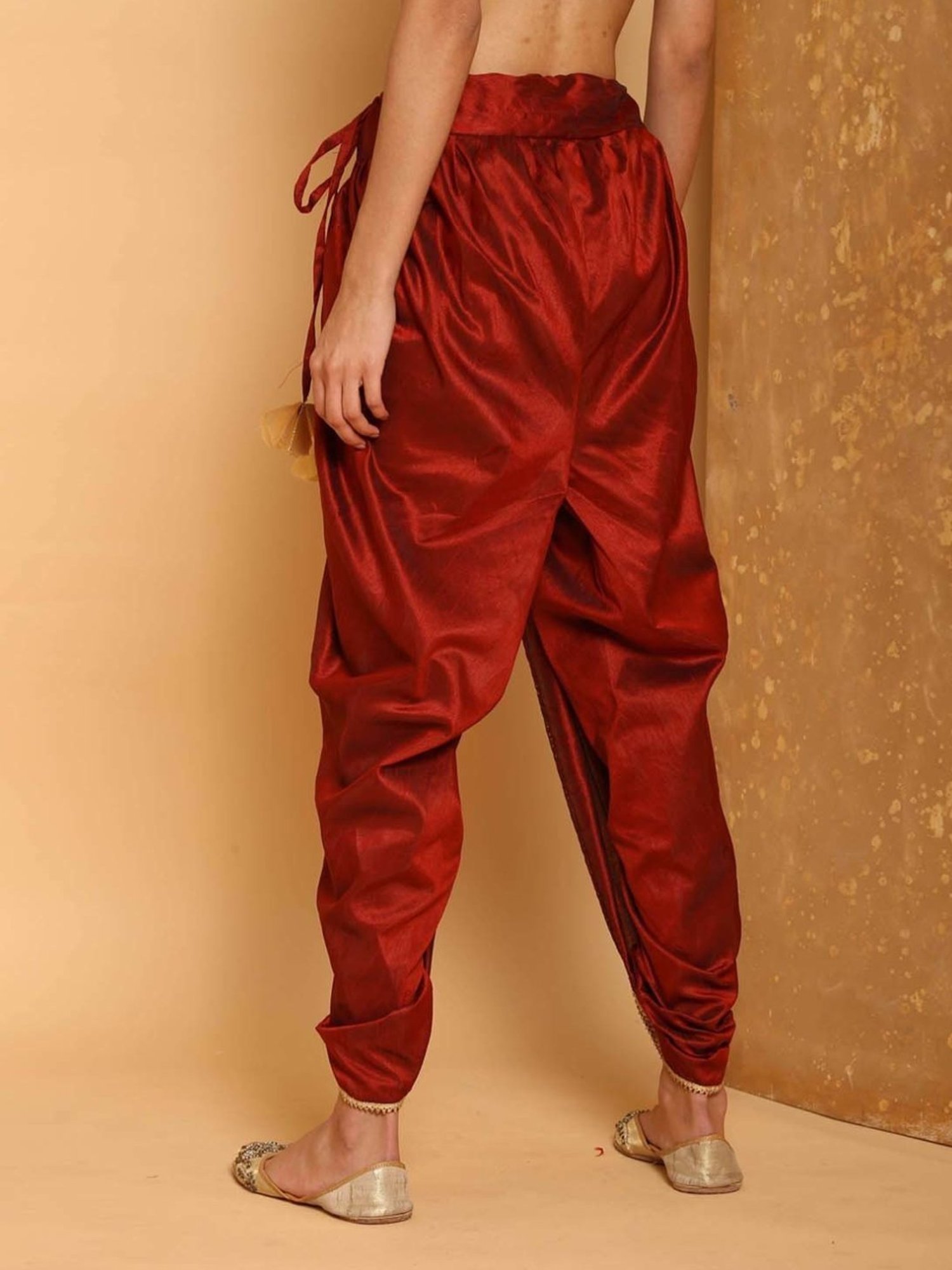 Kaanchie Nanggia Maroon Cotton Silk Pleated Dhoti Pants