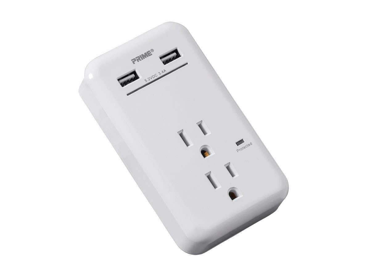 Monoprice 2 Outlet Surge Protector Wall Tap with 2 USB Charging Ports 3.4A, 450 Joules, White