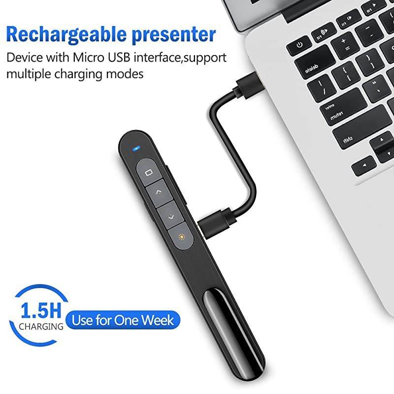 Rechargeable Presentation Clicker 100FT Wireless Presenter Remote Hyperlink Volume Control PowerPoint Clicker Presentation Remote 24GHz USB Presentation Pointer for Mac Laptop Computer