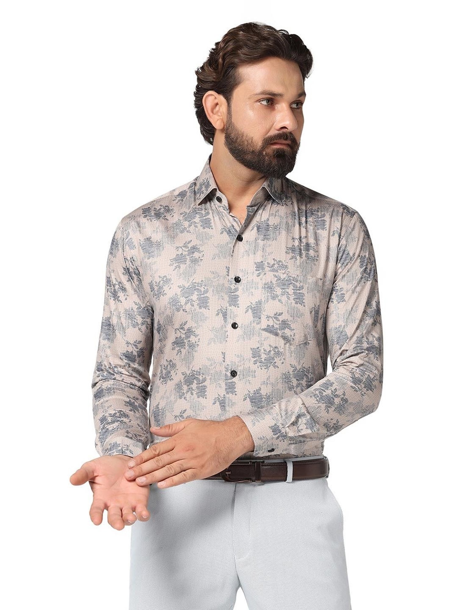 TAHVO Grey Slim Fit Printed Shirt