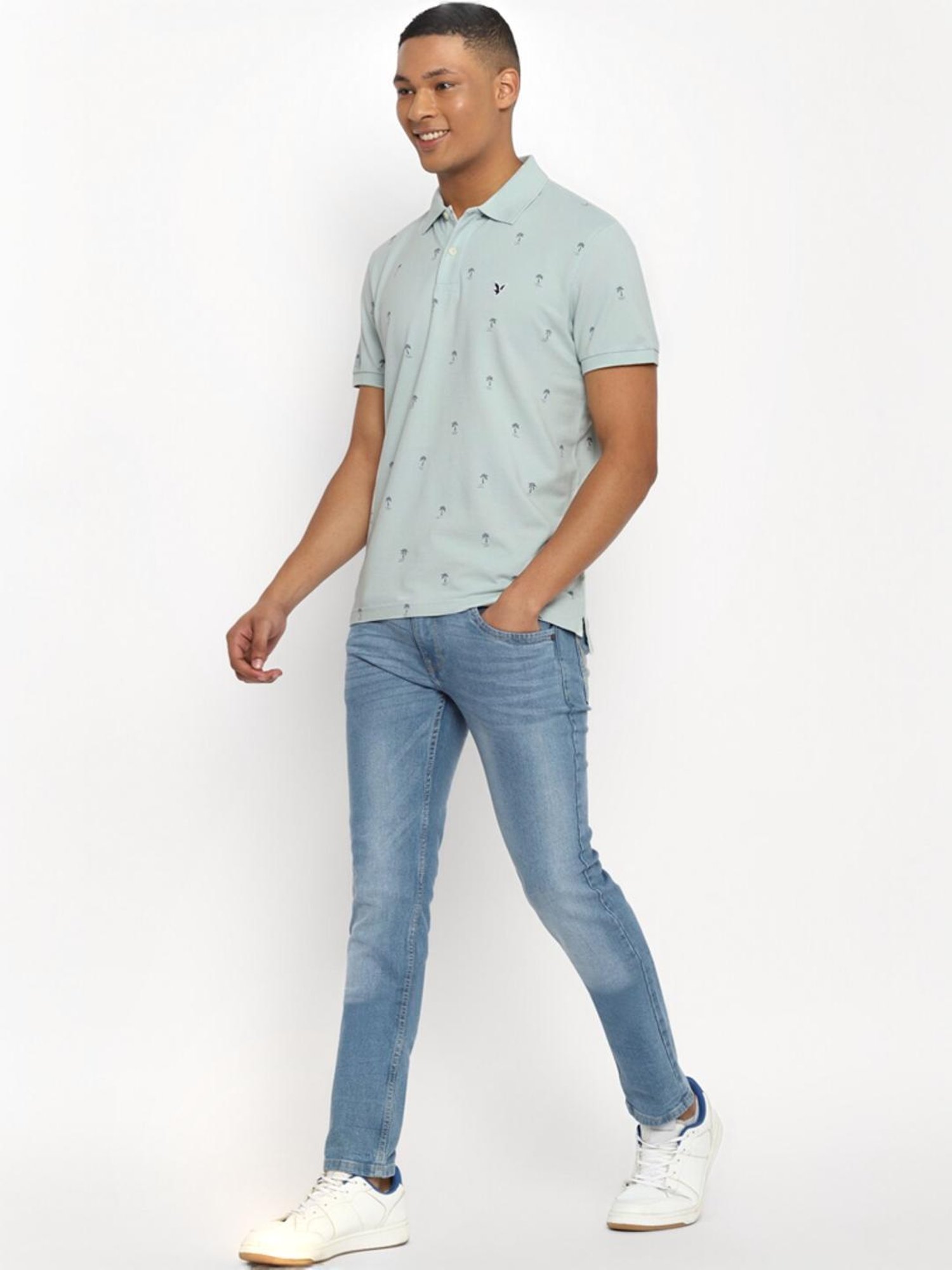 American Eagle Blue Cotton Regular Fit Polo T-Shirt