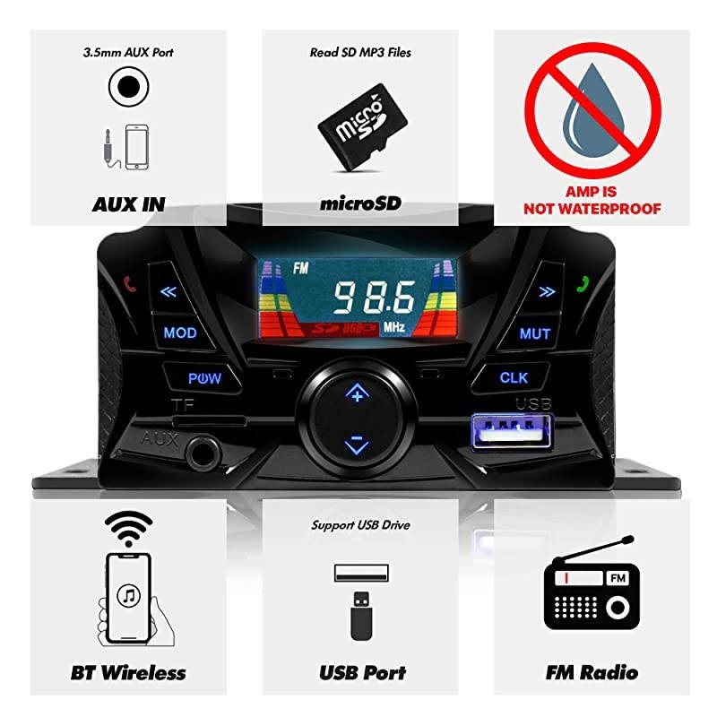TS3-Q Gen.3 Motorcycle Weatherproof Bluetooth Speakers 7/8-1.25 in. Handlebar Mount MP3 Music Player Sound Audio Stereo Amplifier System ATV UTV w/AUX, USB, Micro SD, FM Radio, 4-Speaker