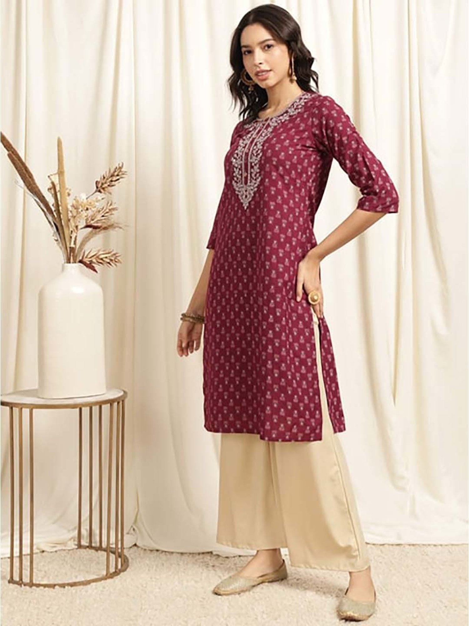 Rangita Maroon Cotton Printed Straight Kurta