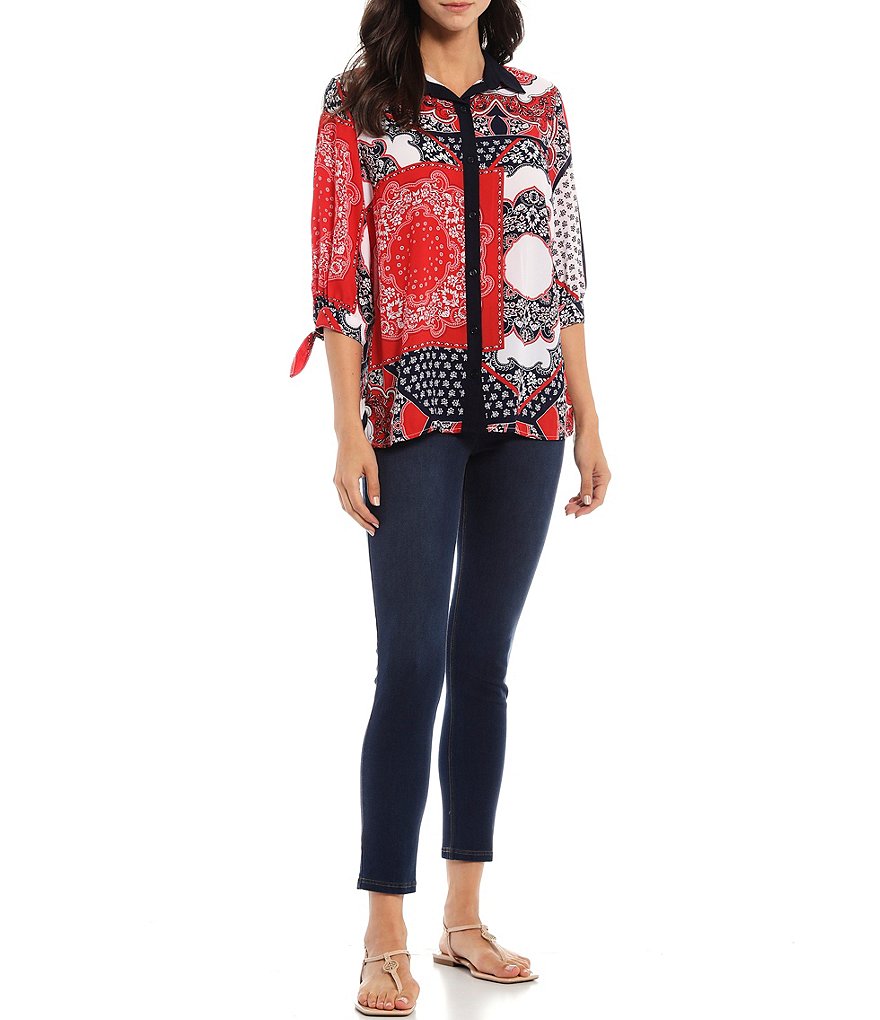 Slim Factor by Investments Paisley Patchwork Print 3/4 Roll-Tab Sleeve Tie-Front Top