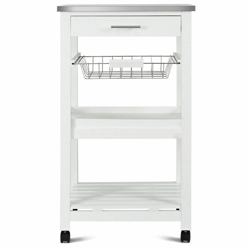 Costway Rolling Kitchen Trolley Cart Steel White Top Removable Tray W/Storage Basket &Drawers
