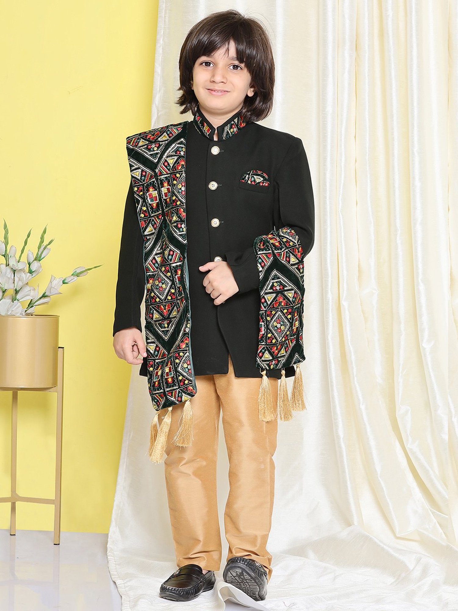 AJ Dezines Kids Black Embellished Full Sleeves Sherwani with Pants
