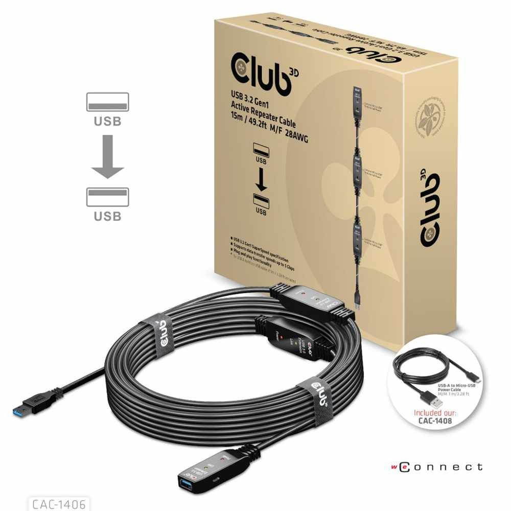 Club3D USB 3.2 Gen1 Active Repeater Cable 15m/49.2ft Male/Female 28AWG Black Adapters