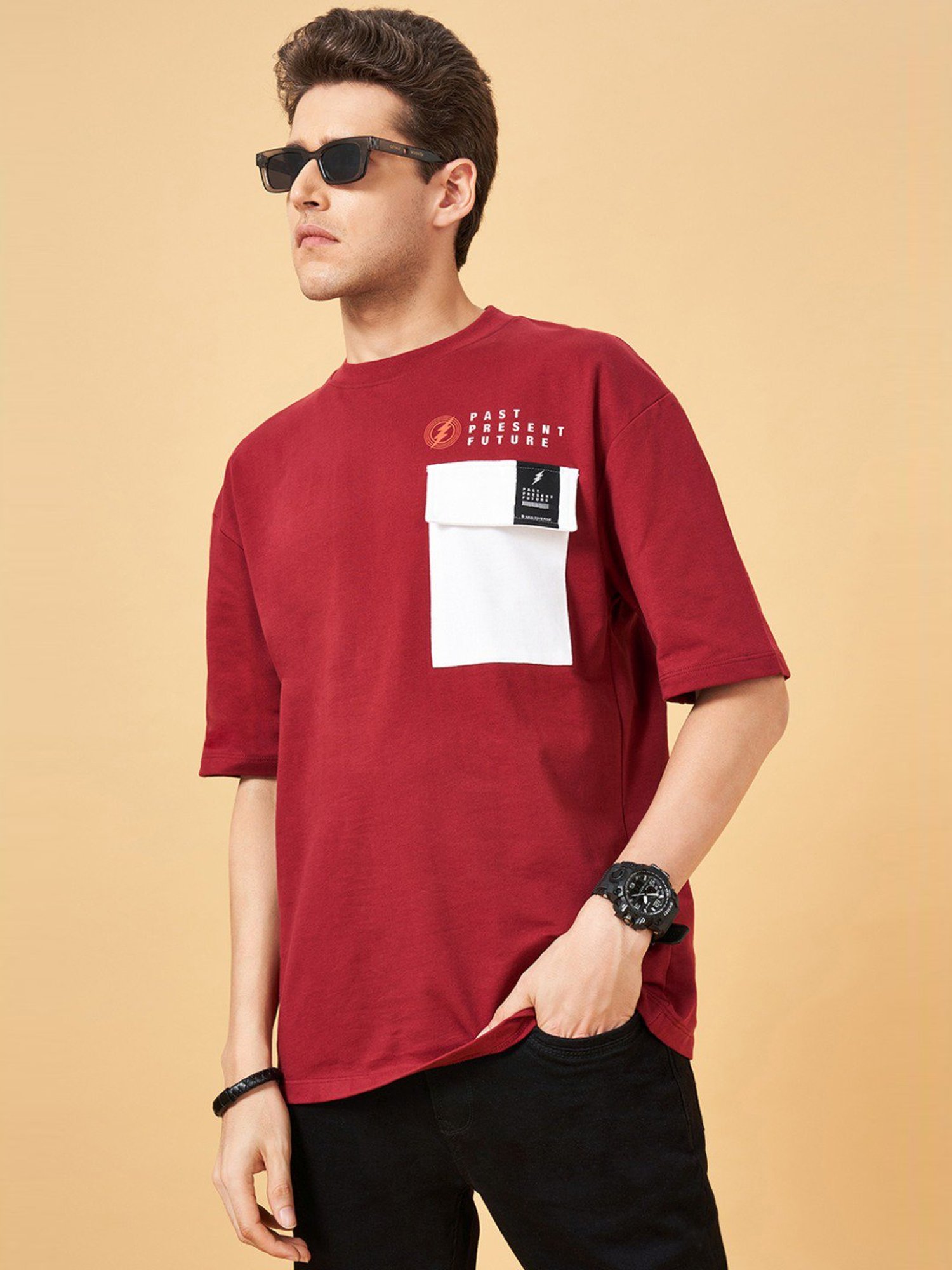 SF Jeans by Pantaloons Beet Red Cotton Regular Fit Printed T-Shirt