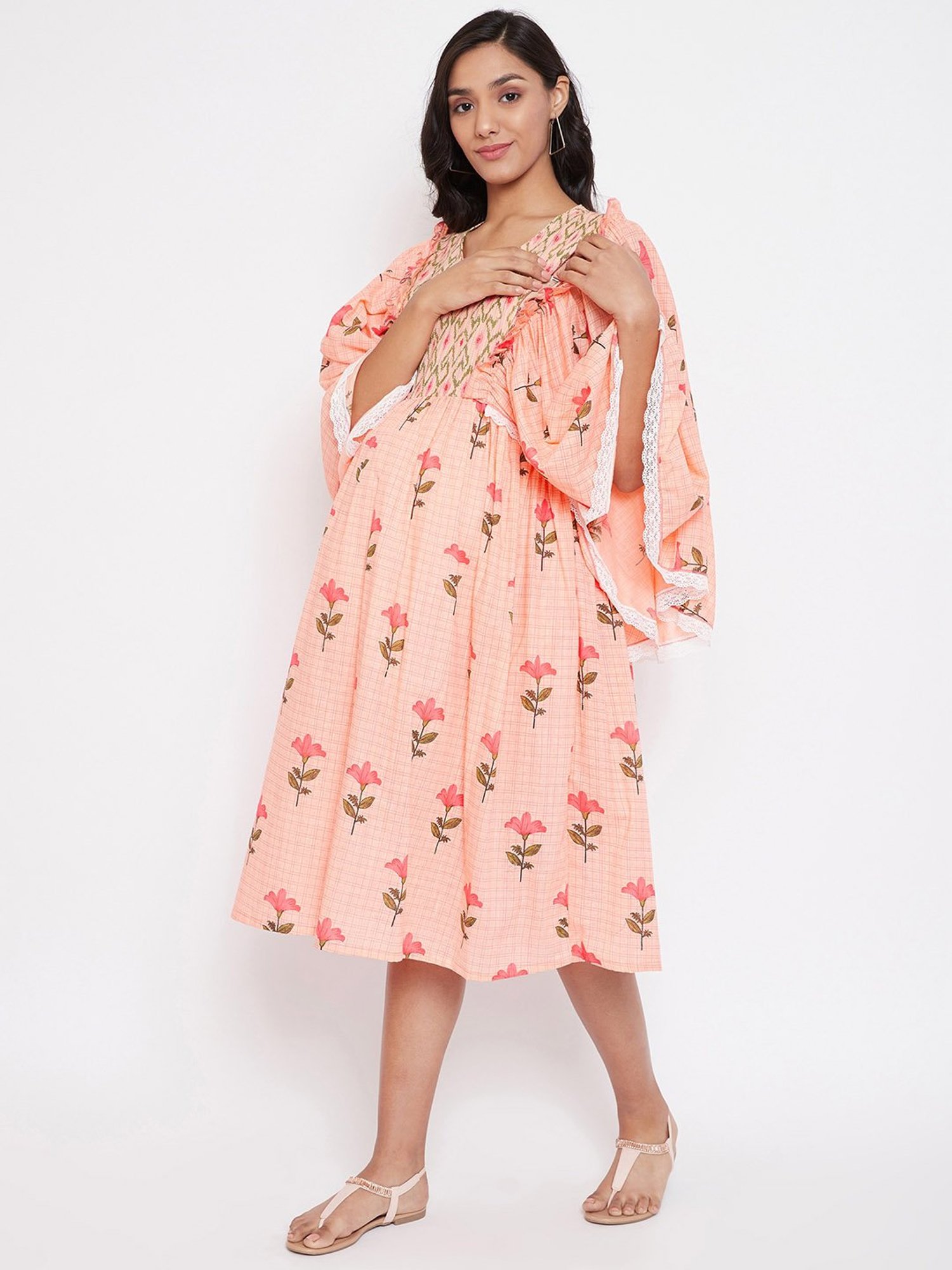 The Kaftan Company Peach Floral Print Maternity Dress