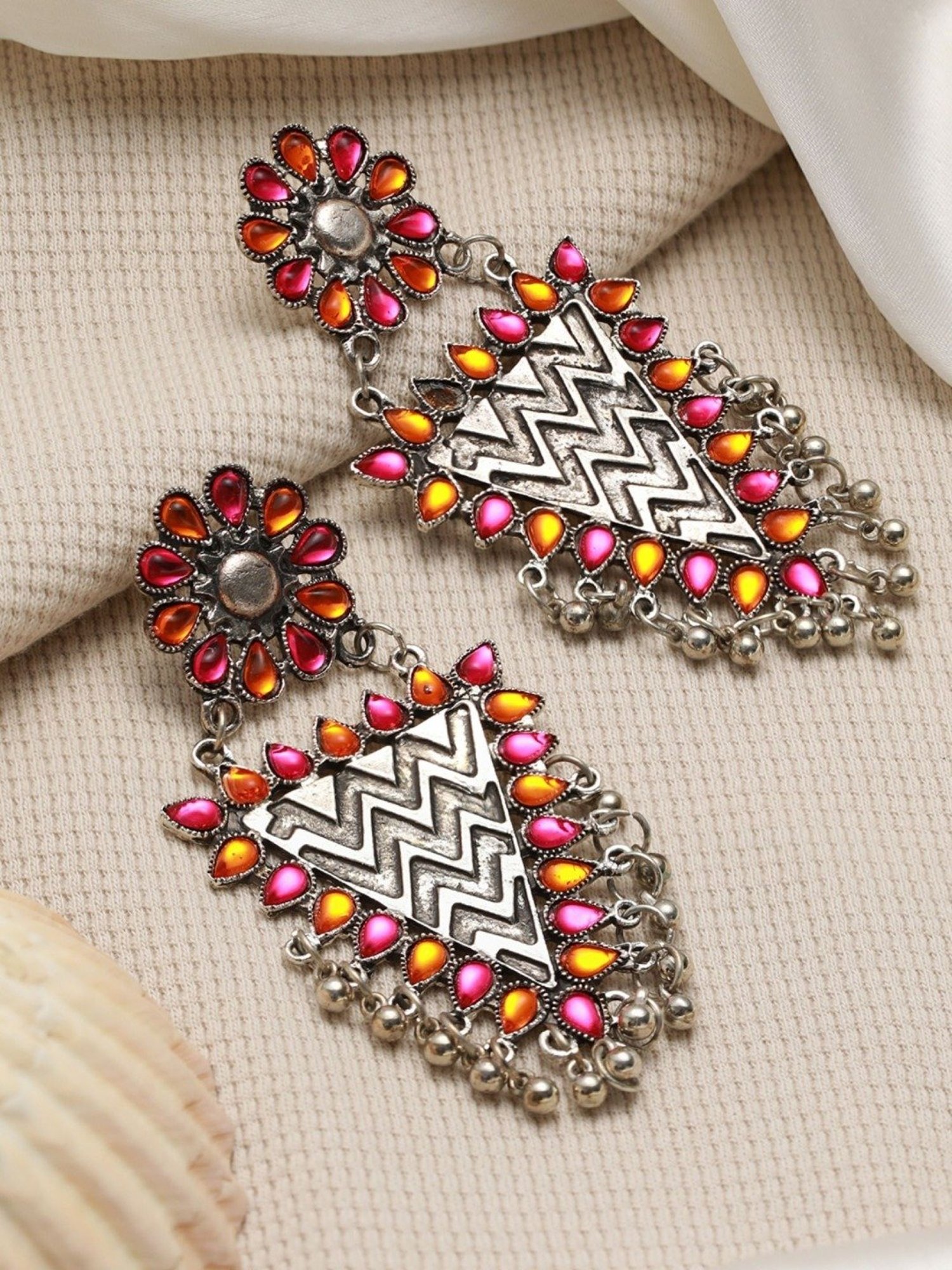 Aatmana Silver-Plated Pink & Yellow Stone Studded & Gunroom Drop Earrings for Women