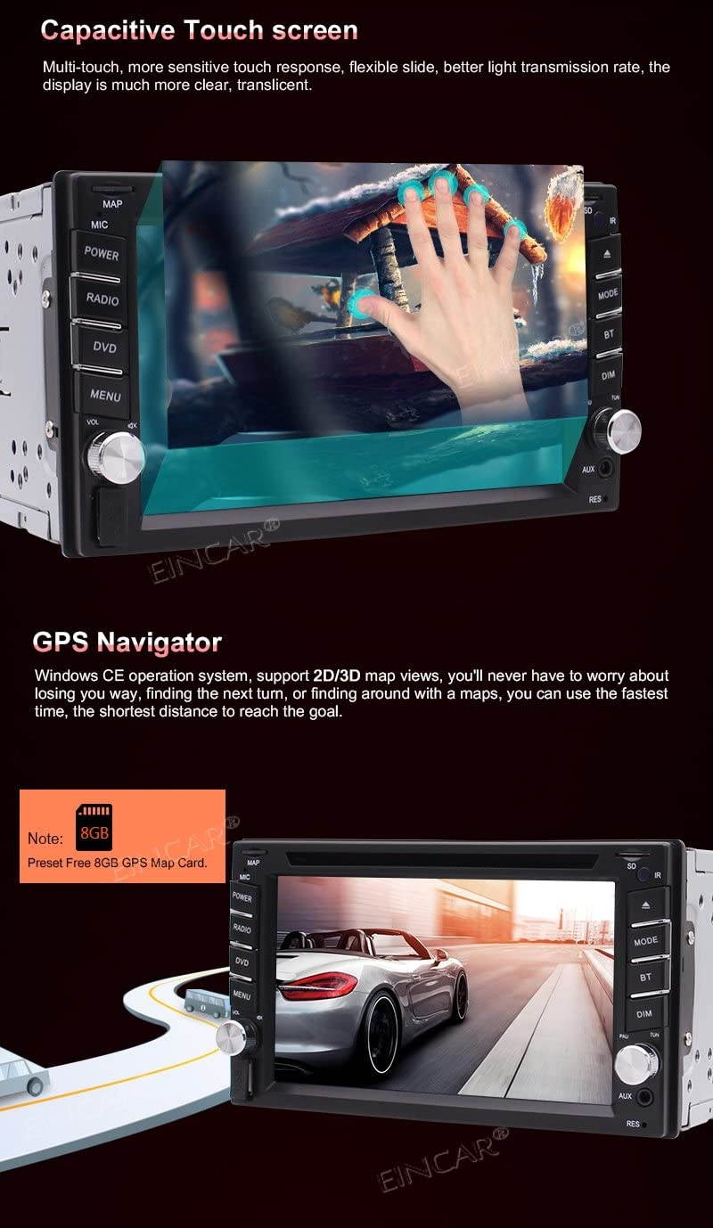 EinCar Double Din Car Stereo Three Types Wince UI Car CD DVD Player 2 Din Headunit with Bluetooth/Radio/USB/TF/AUX 6.2 Inch HD Capacitive Touchscreen with GPS Navigation Rearview Camera + Remote Con