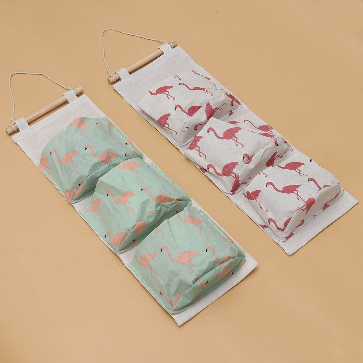2pcs Canvas Storage Bags Hanging Bags Wall Fabric Hanging Doors Mobile Phone Bags Socks Wardrobes Dormitories Storage Box(White Flamingos and Green Flamingos)