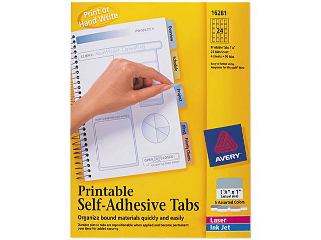 Avery 16281 Printable Repositionable Plastic Tabs, 1 1/4 Inch, Assorted, 96/Pack