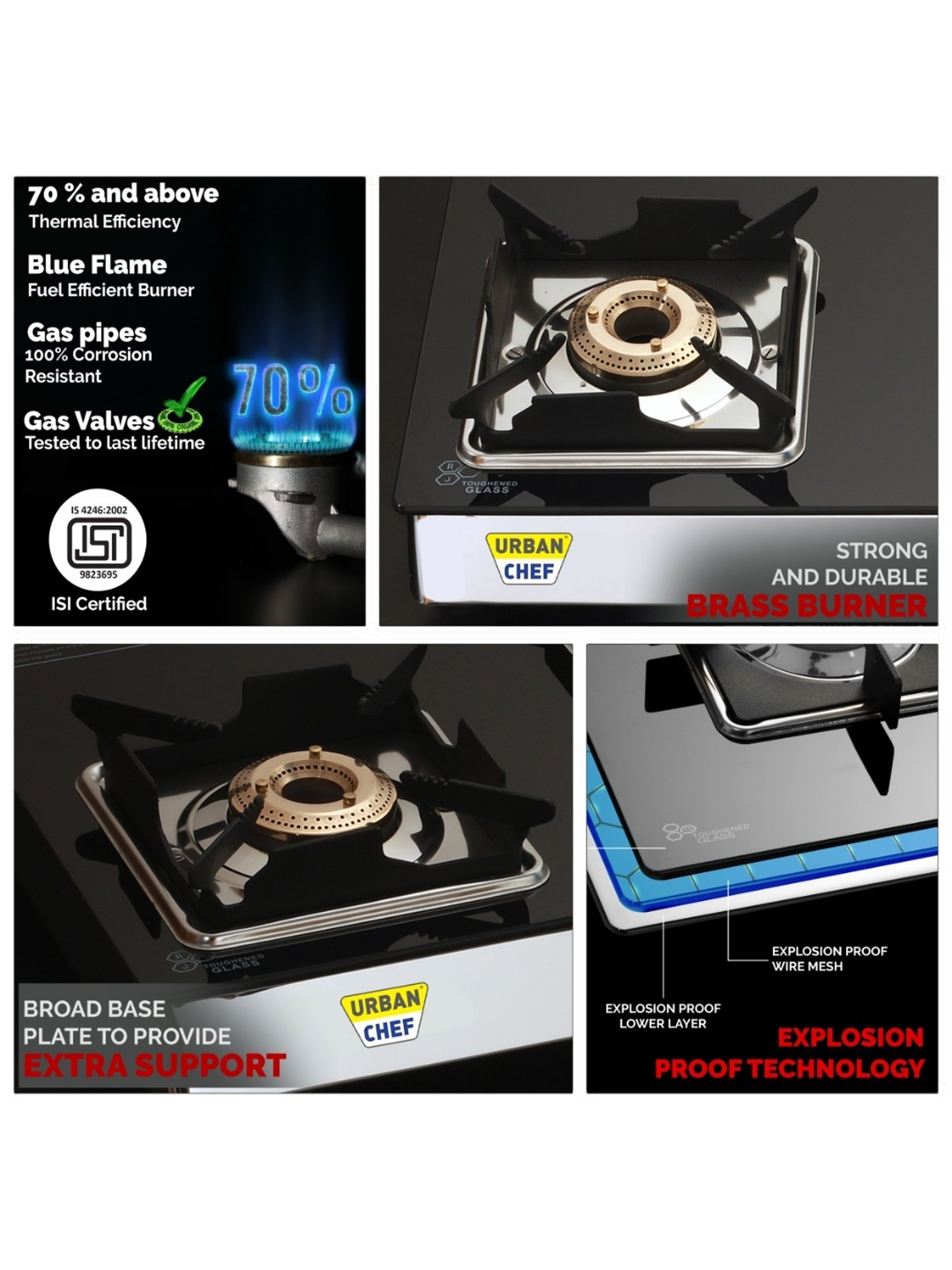 Urban Chef Gas Stove with 3 Burners ( Black )