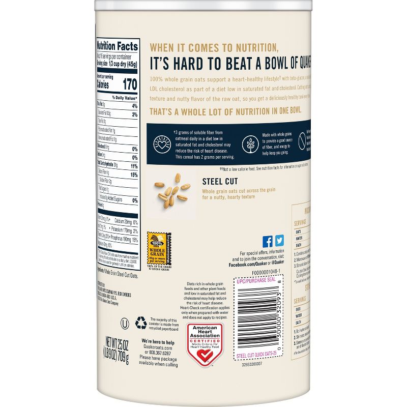 Quaker 100% Whole Grain Steel Cut Oats Canister- 25oz
