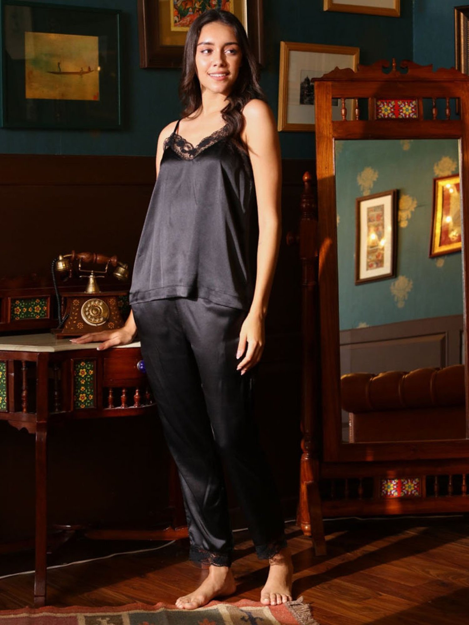 Dusk Attire Black Smooth Smoke Satin Cami Set