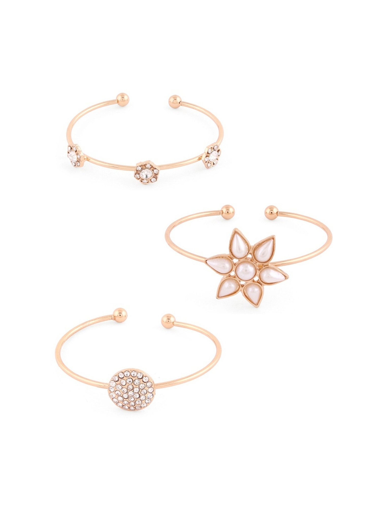 Zaveri Pearls Set of 3 Gold Tone Dazzling Diamonds & Teardrop Pearl Stack Bracelets-ZPFK14631