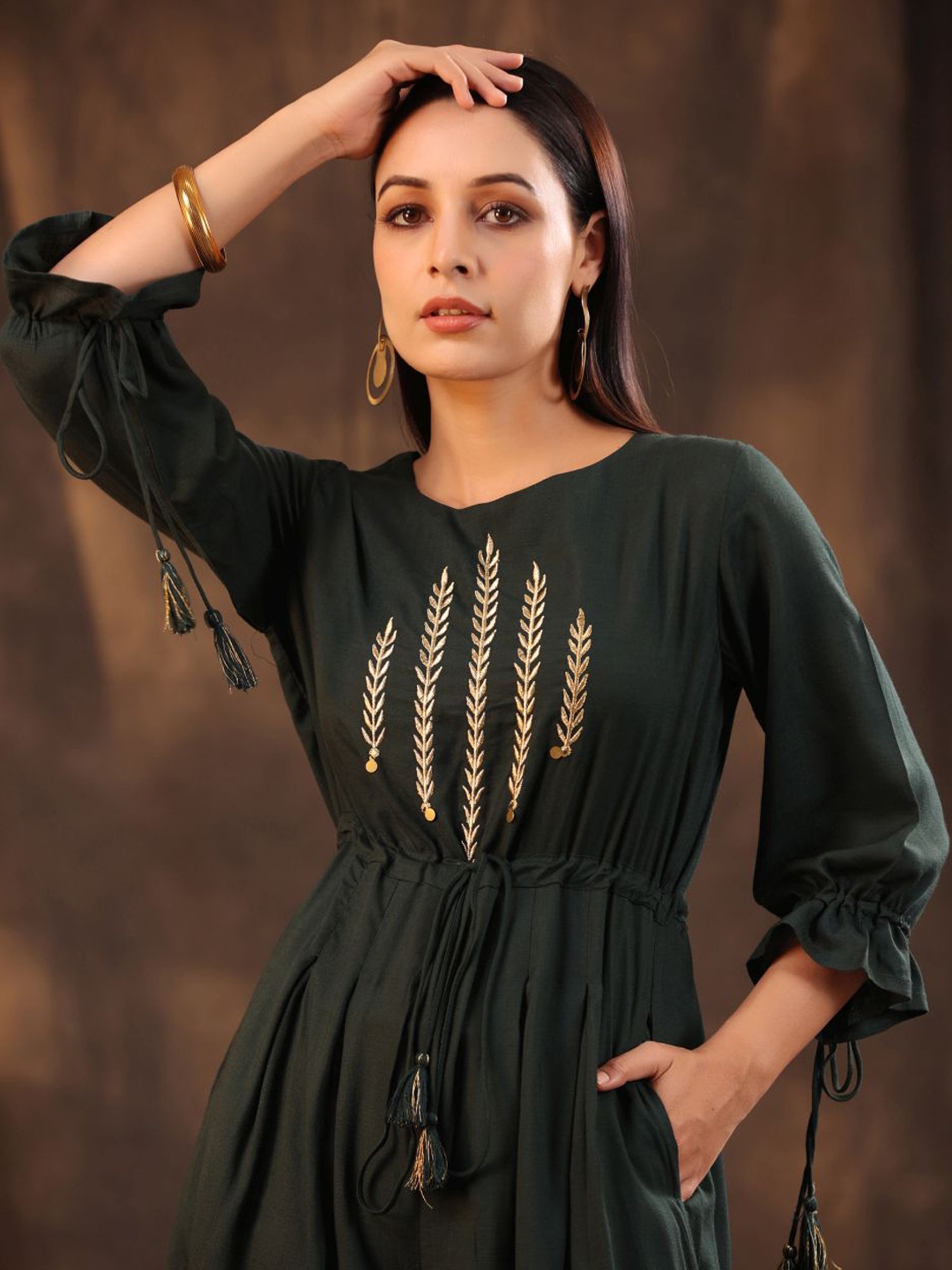 Juniper Jade Green Ethnic Motif Printed Rayon Slub Jumpsuit With Zari Work Embroidery