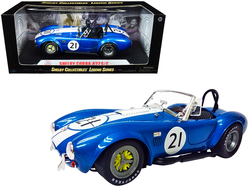 1965 Shelby Cobra 427 S/C Dark Blue Metallic with White Stripes with Printed Carroll Shelby's Signature on the Trunk 1/18 Diecast Model Car by Shelby Collectibles