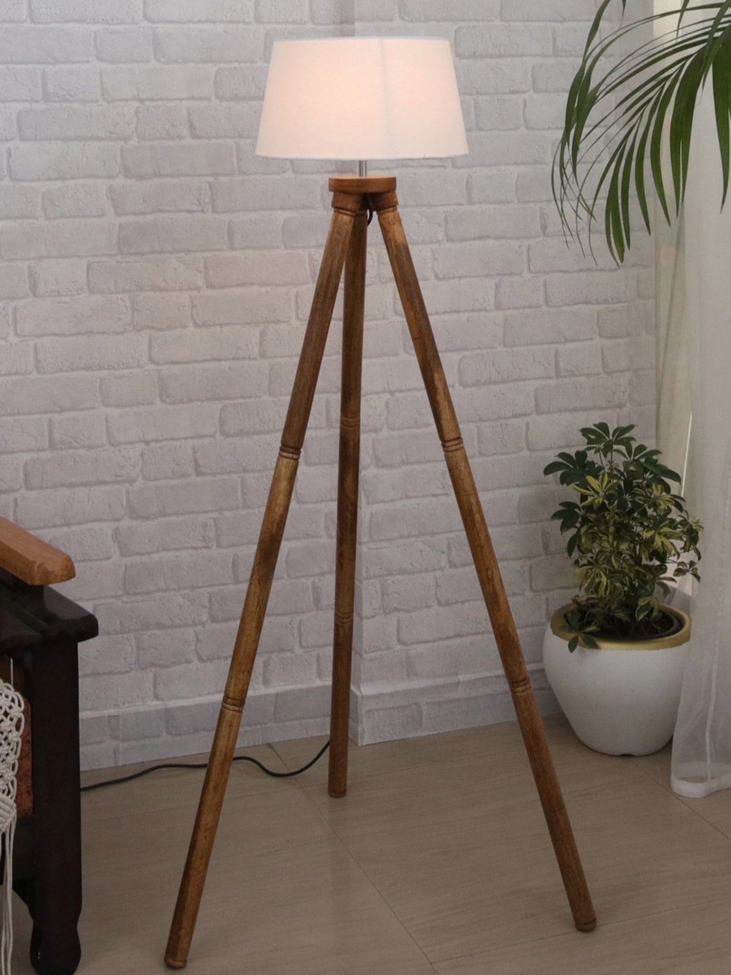 Homesake 'Tripod' White & Brown Wood Tall Floor Lamp With Shade & Bulb - Set of 1