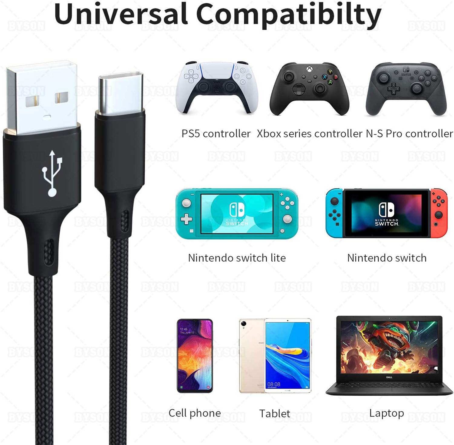 2 Pack 10FT Charging Cable for PS5 DualSense and Xbox Series X/S / Switch Pro Controller, Ackmioxy Charging Cord Nylon Braided Type-C Port Charger Accessories for Playstation 5/ Xbox Series S/X(Gold)