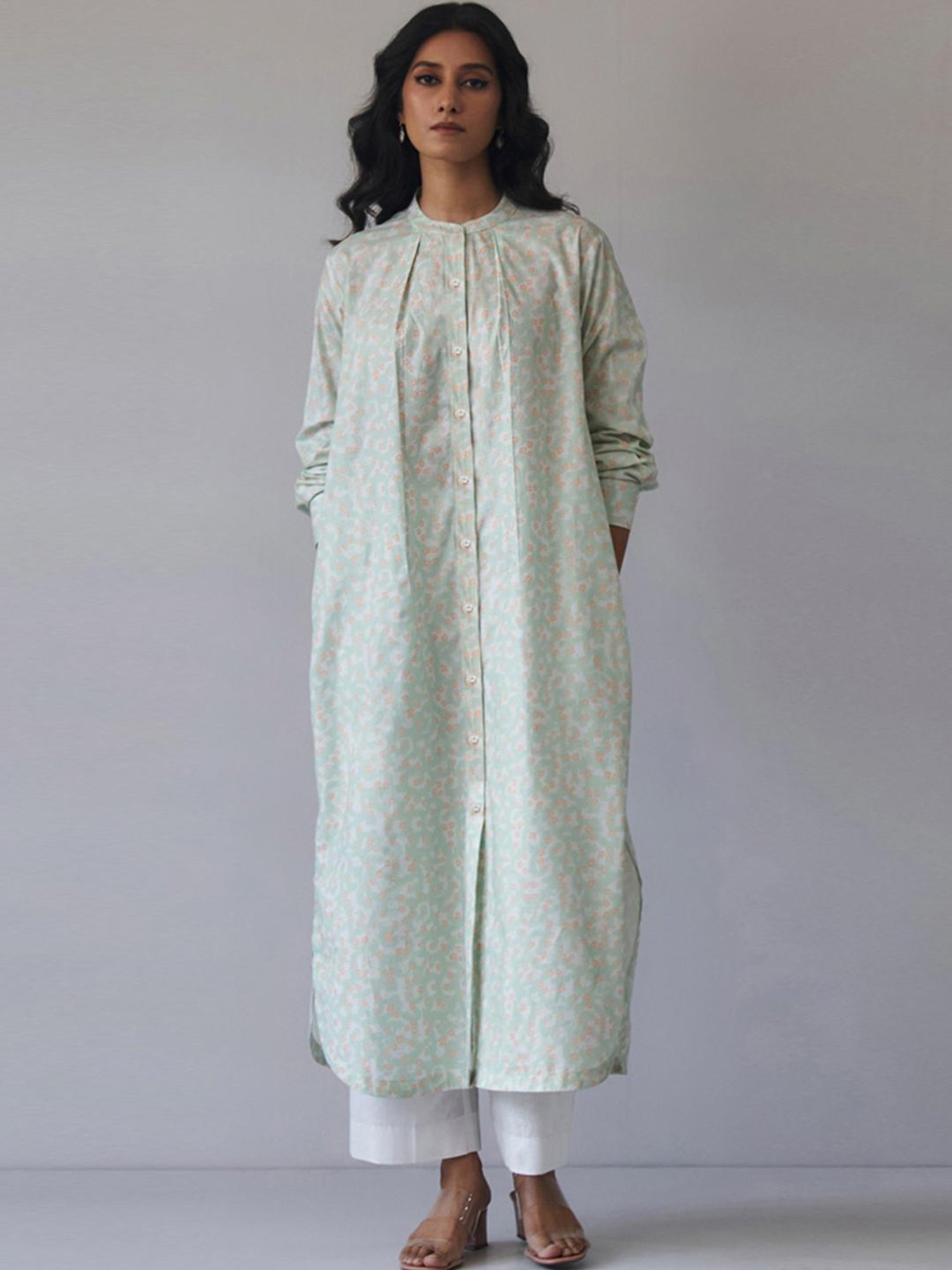 Ganga Fashions Subtle Green & Peach Cotton Kurta with Pant Co-ord Set