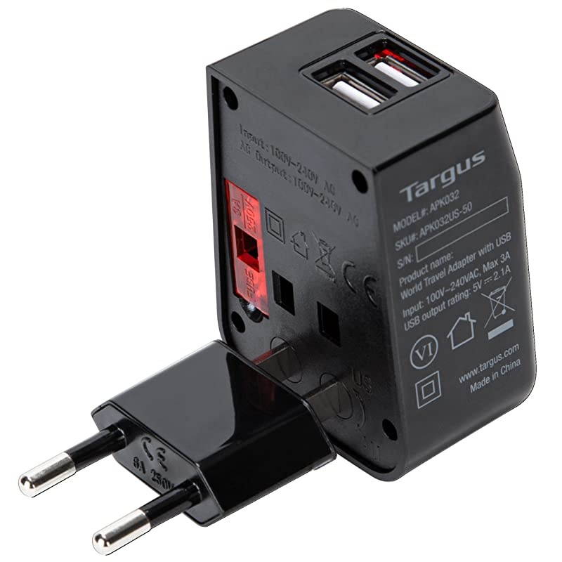 World Travel Power Adapter with Dual USB Charging Ports for Laptop, Phone, Tablet, or Other Mobile Device (APK032US)