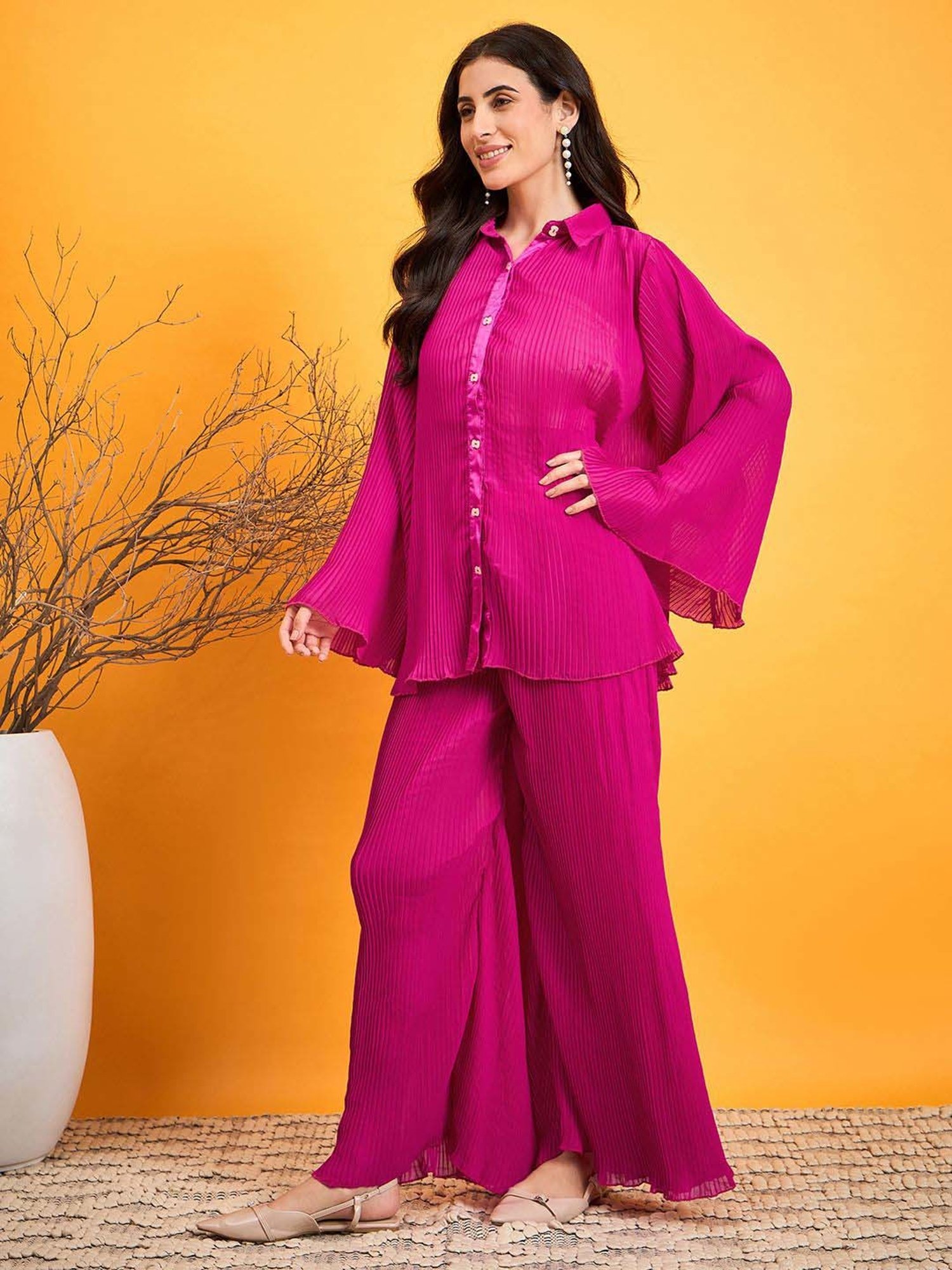 The Kaftan Company Pink Plain Shirt Palazzos Set