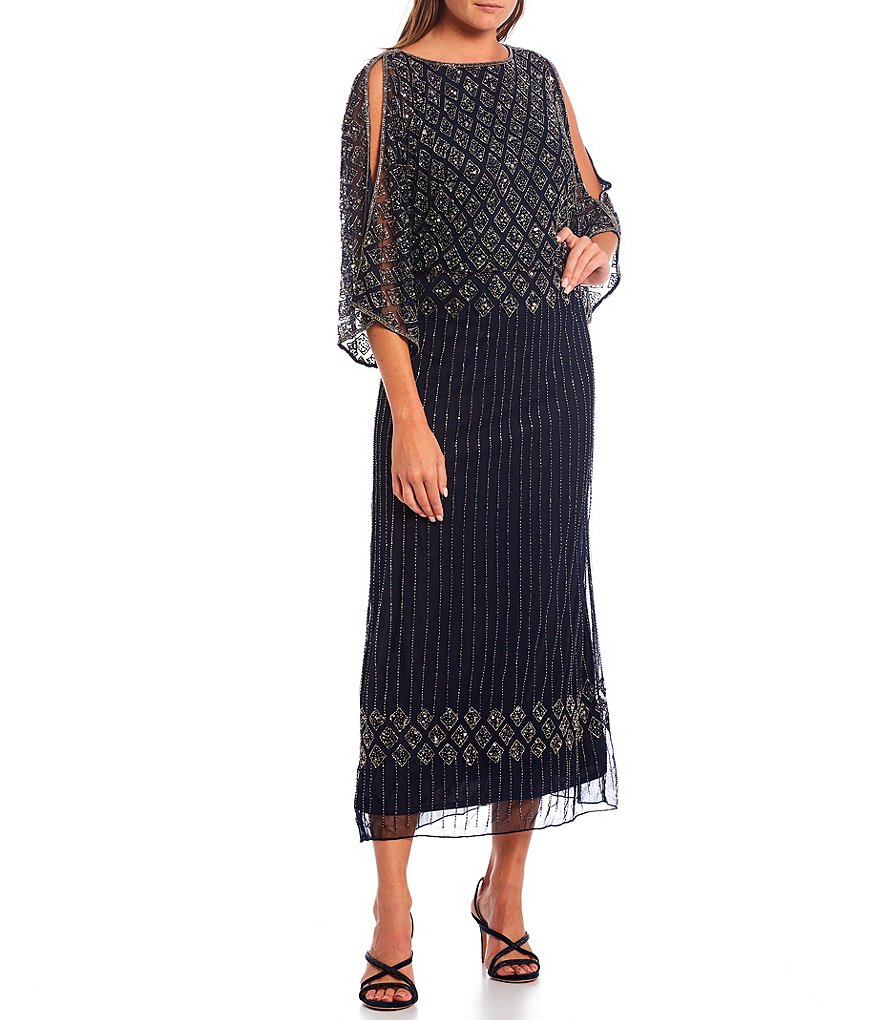 Pisarro Nights Petite Size Beaded Bodice Cold Shoulder Blouson Gown