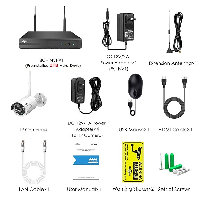 Expandable 8CH, 2K]  Wireless Security Camera System with 1TB Hard Drive with One-Way Audio, 8 Channel NVR 4Pcs 1296P 3.0MP Night Vision WiFi IP Security Surveillance Cameras Home Outdoor