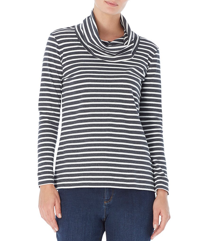 Jones New York Cotton Knit Jersey Horizontal Stripe Print Cowl Neck Long Sleeve Top