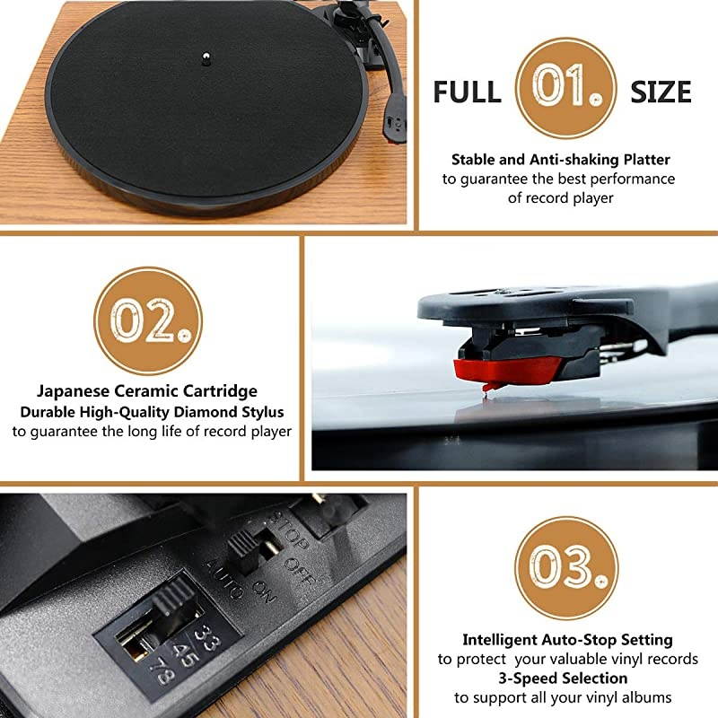 Bluetooth Vinyl Record Player, Belt-Drive Stereo Turntable for 3-Speed Vinyl Records with Convert Vinyl to Digital (Analog & USB), Built-in Speakers and RCA Output, Dark Brown