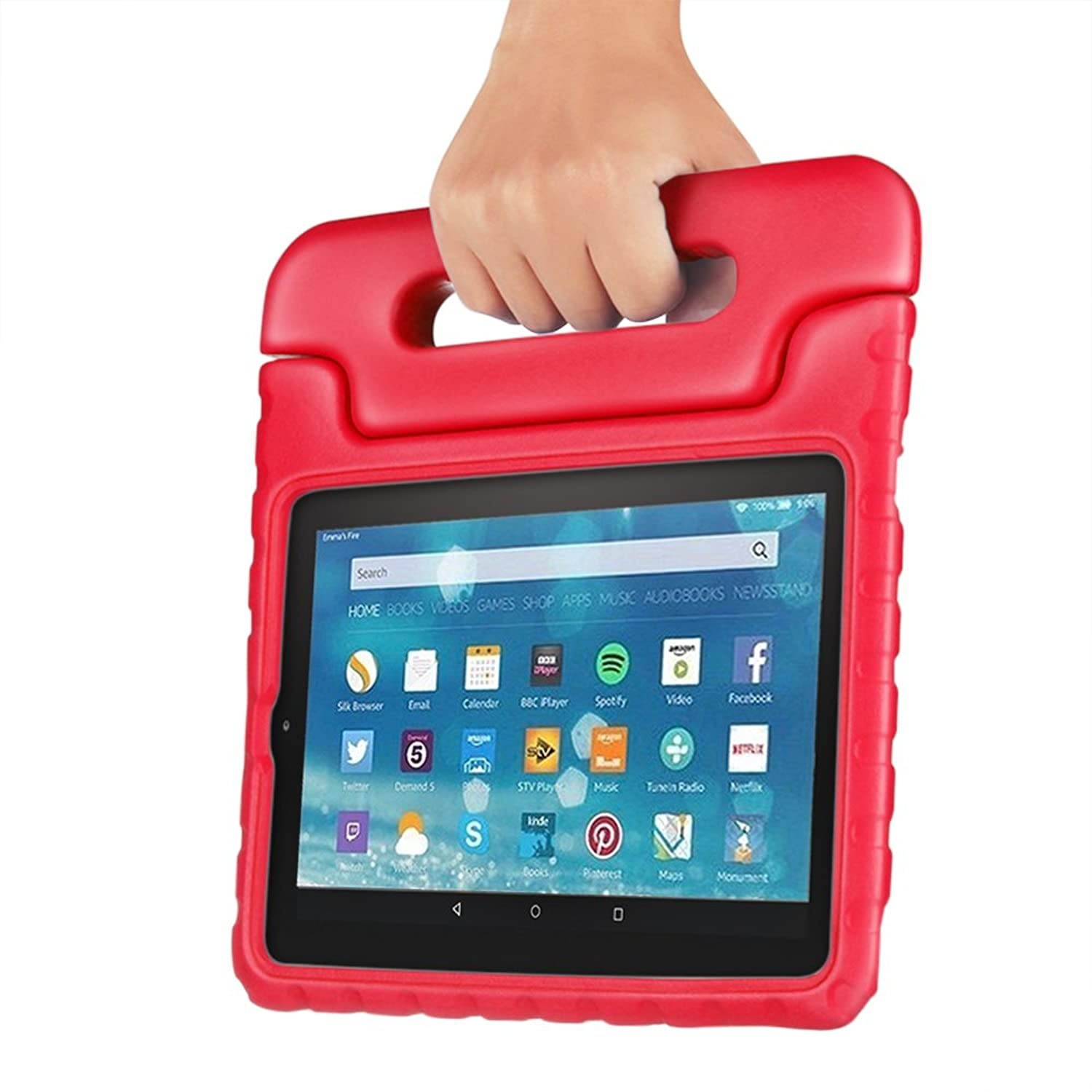 TNP Shock Proof Case for All New Fire 7 Tablet (7th Gen, 2017 Release) - For Kid Friendly Child Proof Anti Slip Impact Drop Light Weight Convertible Handle Stand Cover Protective Case (Red)