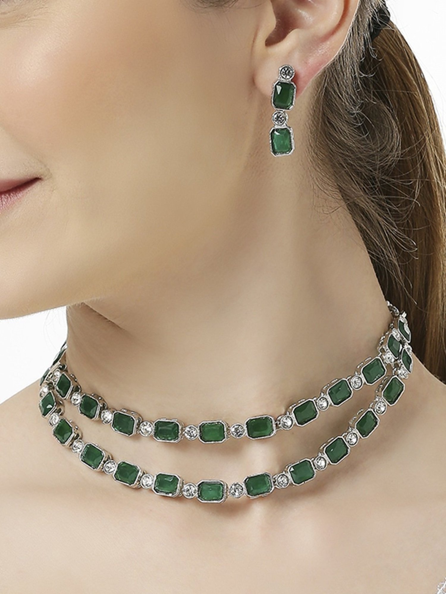 OOMPH Green Multi Layer American Diamond Necklace Set with Earrings