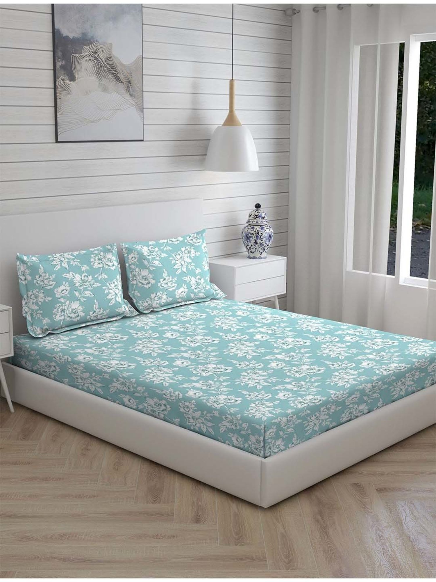 Boutique Living Signature Blue Cotton 300 TC Fitted Size Bedsheet with Pillow Cover