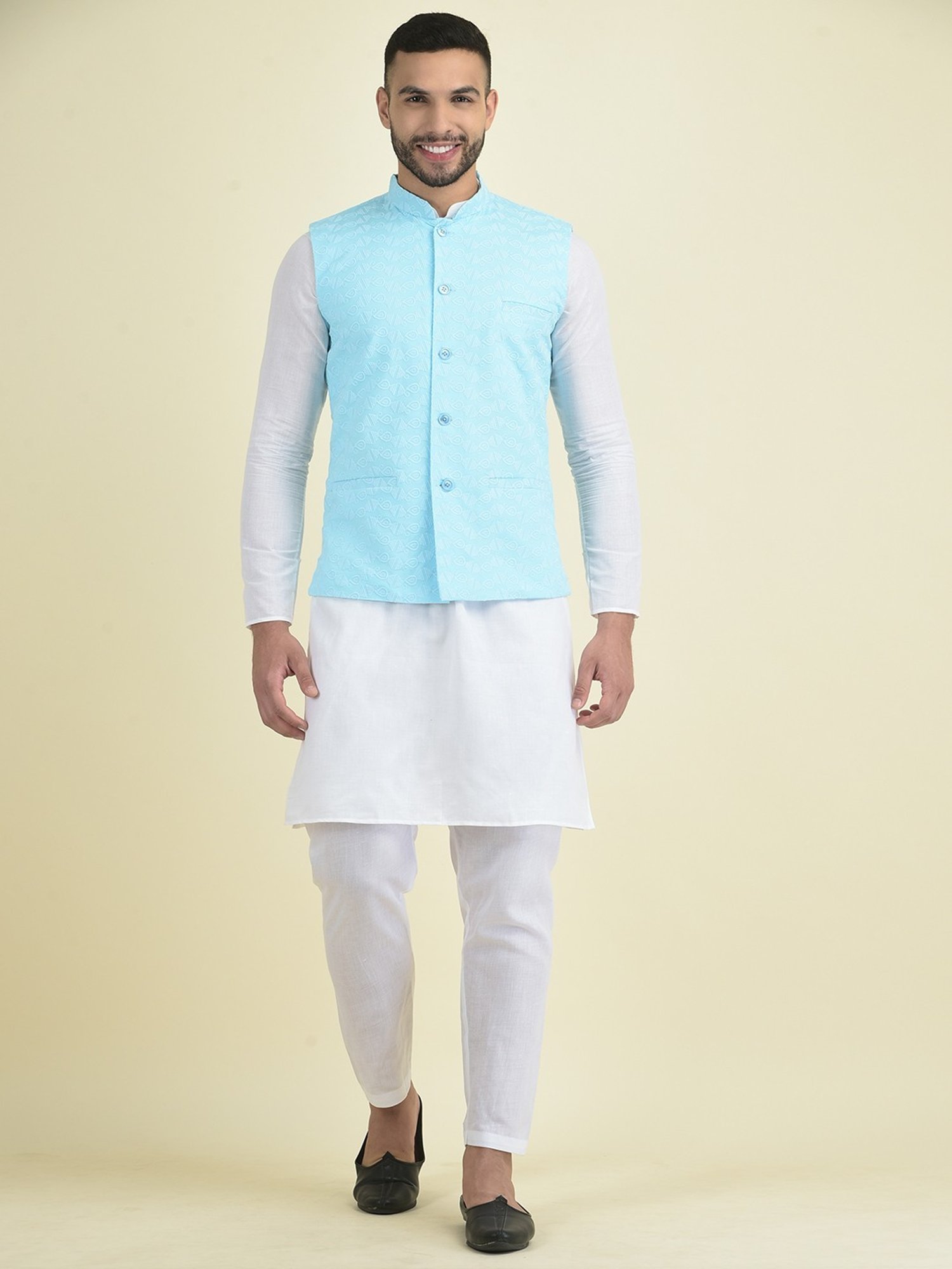 Deyann Blue & White Cotton Regular Fit Embroidered Kurta Set With Jacket