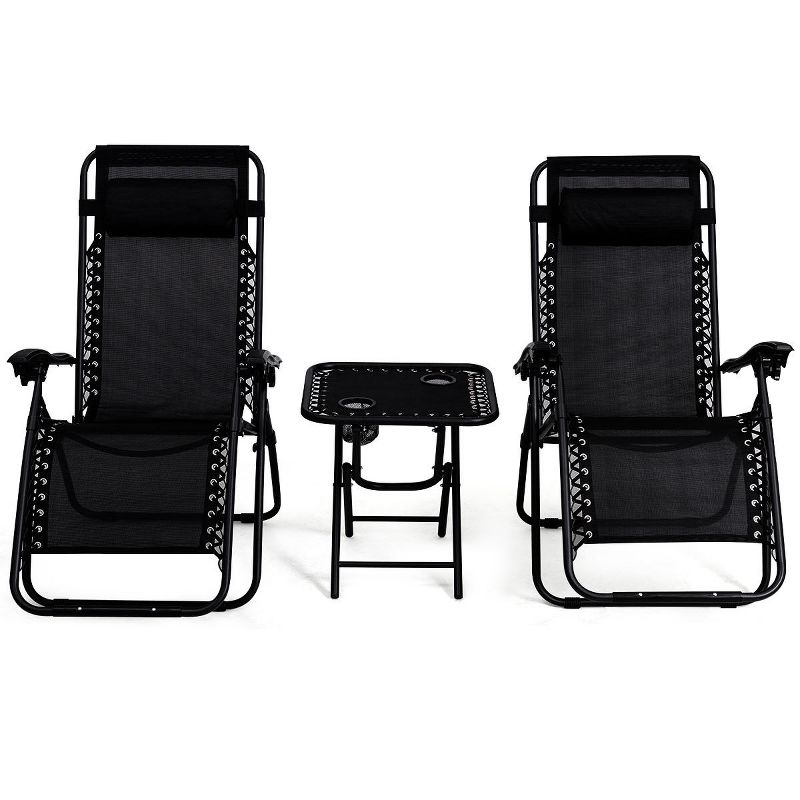 Costway 3PC Zero Gravity Reclining Lounge Chairs Table Pillows Folding Portable Black