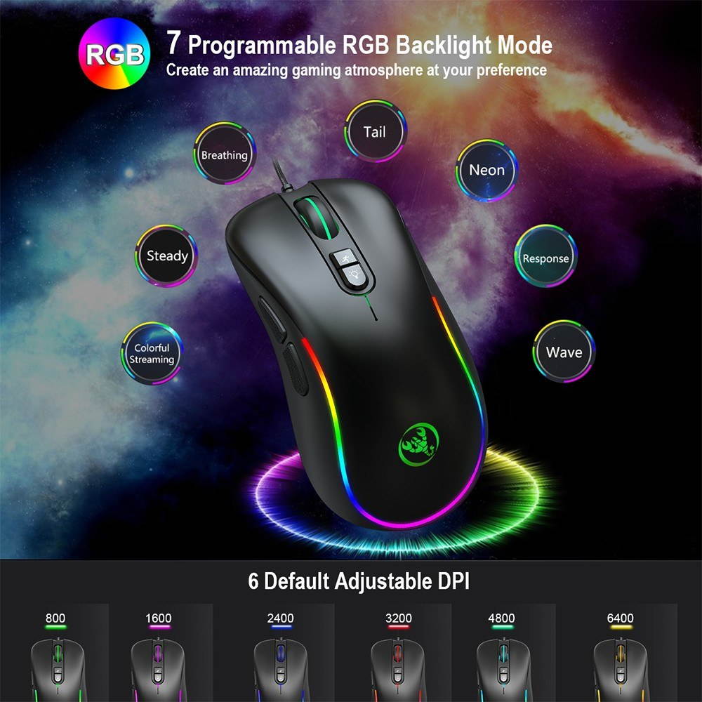 HXSJ J300 Wired Gaming Mouse Seven-key Macro Programming Mouse Six Adjustable DPI Colorful RGB Gaming Mouse Black