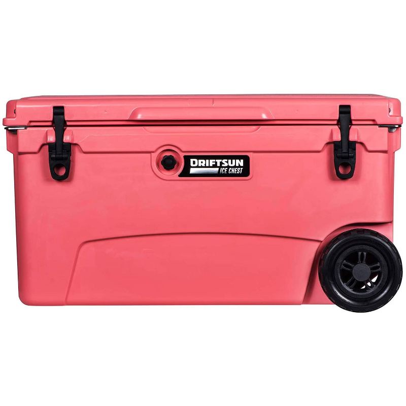 Driftsun Heavy Duty Rotomolded Thermoplastic UV Resistant Portable Rolling 70 Quart Insulated Hardside Ice Chest Beverage Cooler, Coral