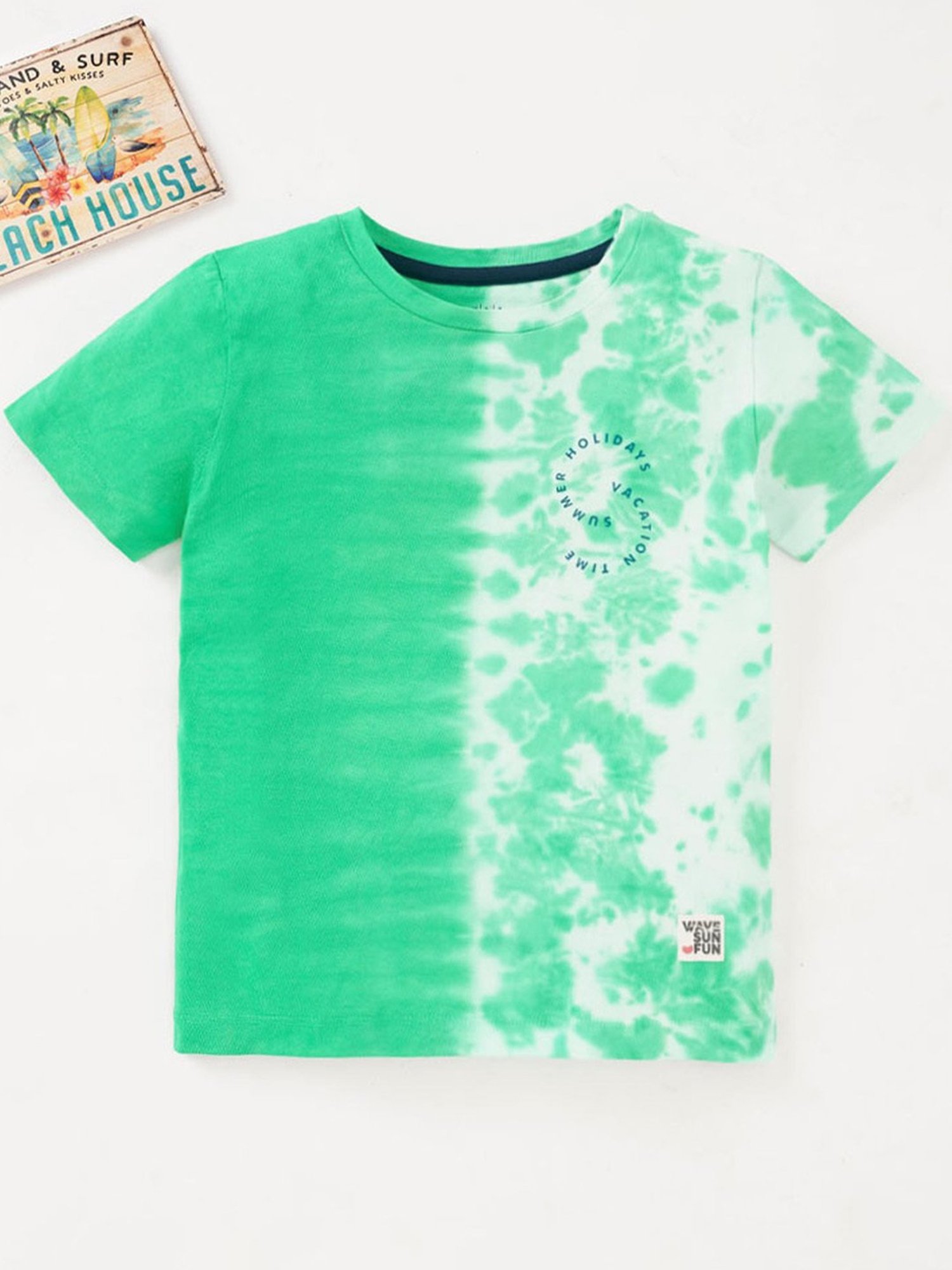 Ed-a-Mamma Kids Green & White Cotton Printed T-Shirt