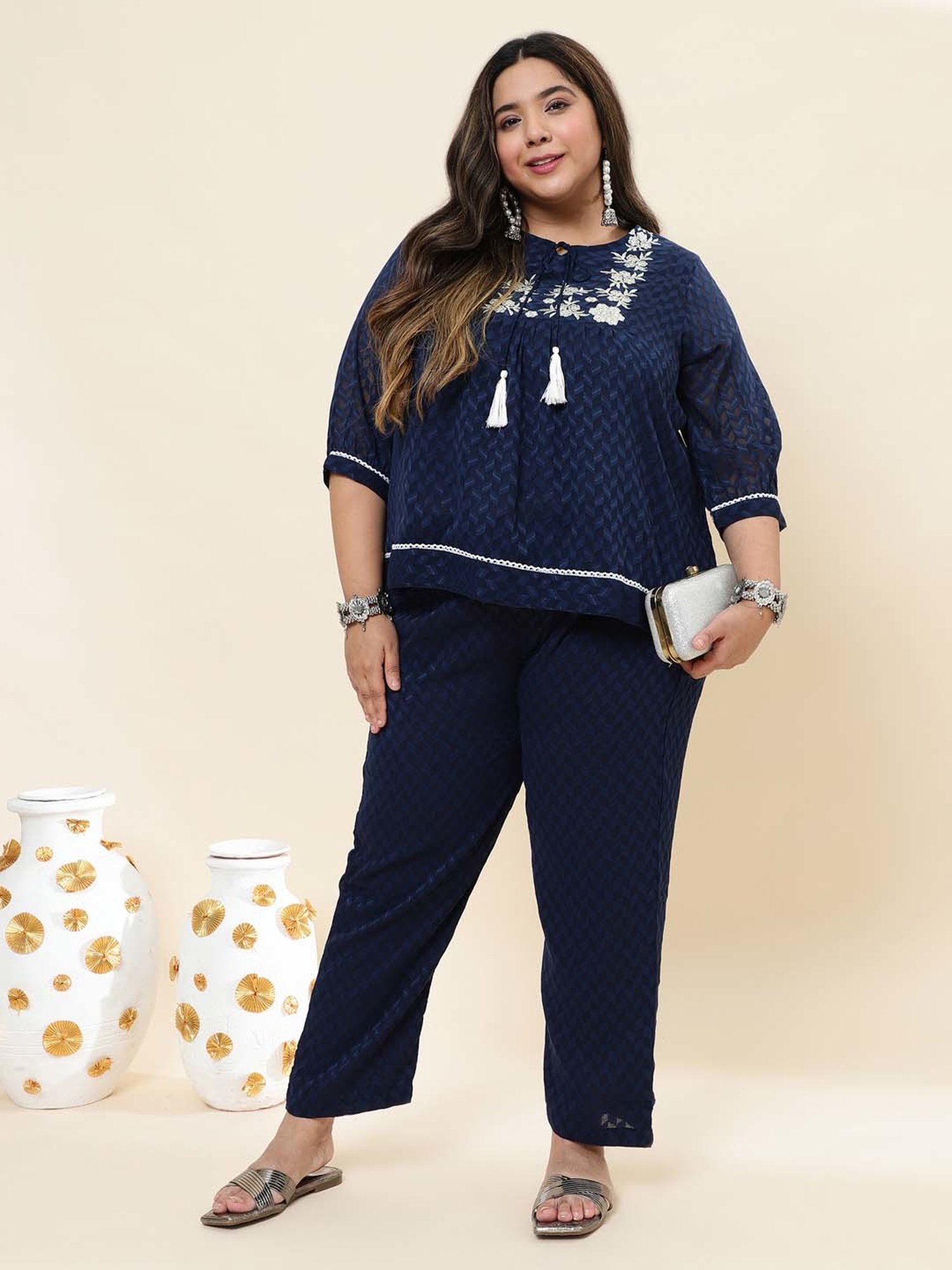 Sringam Blue Embroidered Top Pant Set