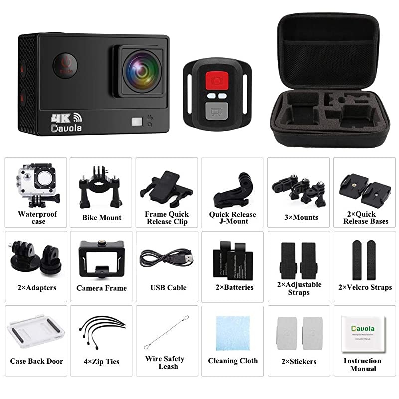 Camera 4K, Waterproof Camera, Underwater Camera WiFi Ultra HD 16mp 170 Degrees Wide Angle Sports Camera with Remote Control 2 Batteries and Mounting Accessories Kit