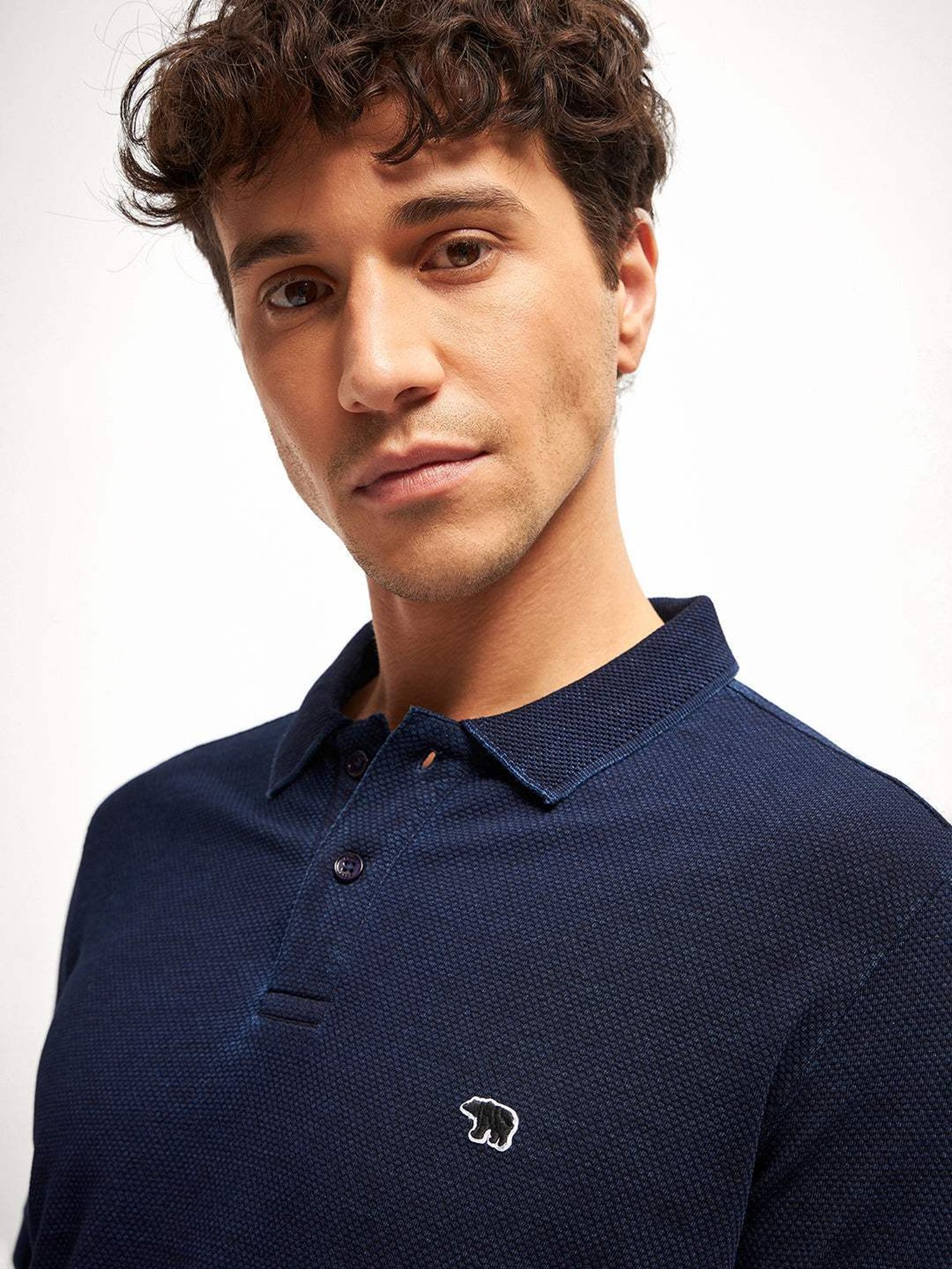 The Bear House Blue Cotton Regular Fit Self Pattern Polo T-Shirt