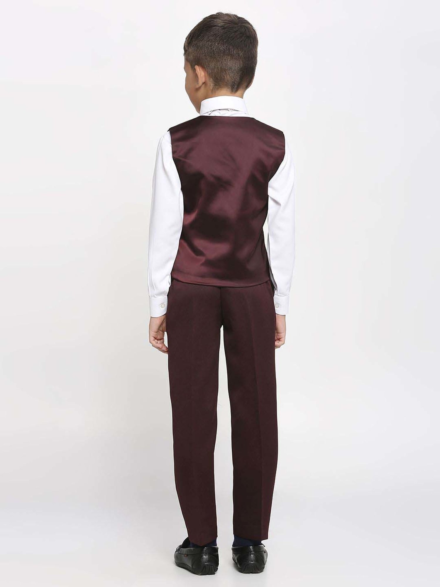 Kids Island Boys Maroon & White Jacquard Full Sleeves Suit Set